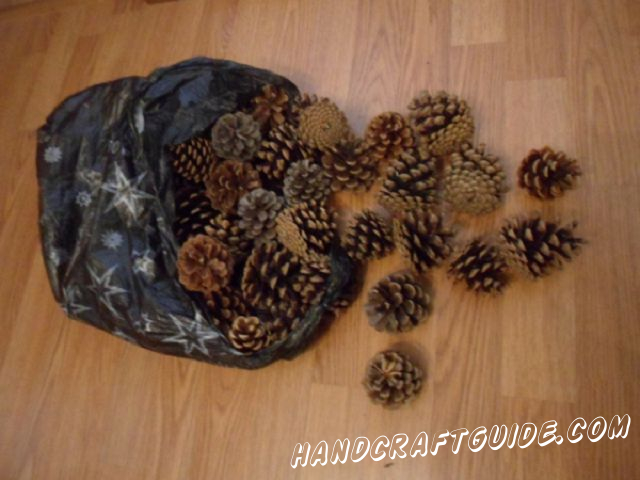 Make a circle of 11-12 pine-cones, joining them together with thin wire. At first fix the wire on the first pine-cone like it’s shown in the image.