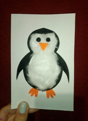 аппликация пингвина из ваты и цветной бумаги